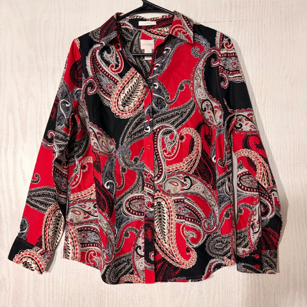 Chico's Paisley No-Iron Button Down Shirt Womens 0 Small Red Black Cotton TOP